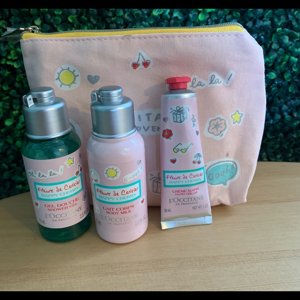 L’occitane en Provence Fleurs de Cerisier (Happy Cherry) body care set.